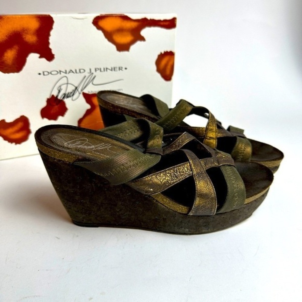 Donald J Pliner Cork Wedges Sandals Bethiacuco Bronze Strappy Sz 9.5 KC‎